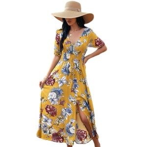 Boho Summer V Neck Floral Short Sleeve Slit Maxi Long Dress Yellow Multi